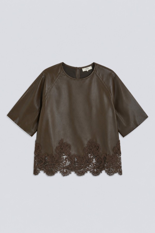 LONDON faux leather blouse with lace details Khaki