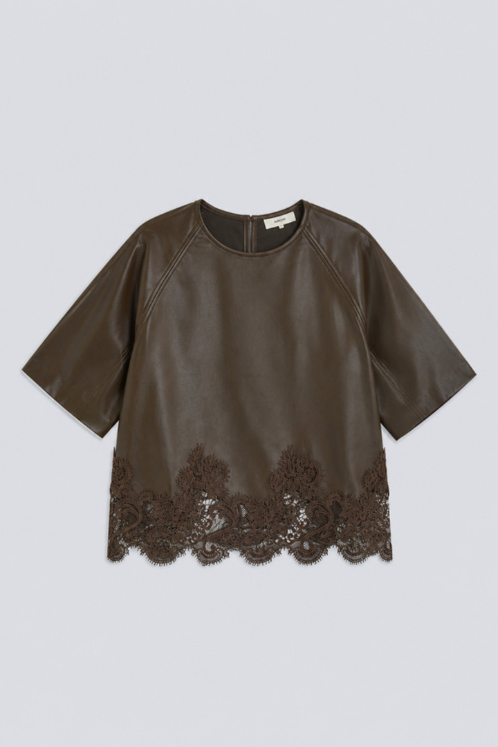 LONDON faux leather blouse with lace details Khaki