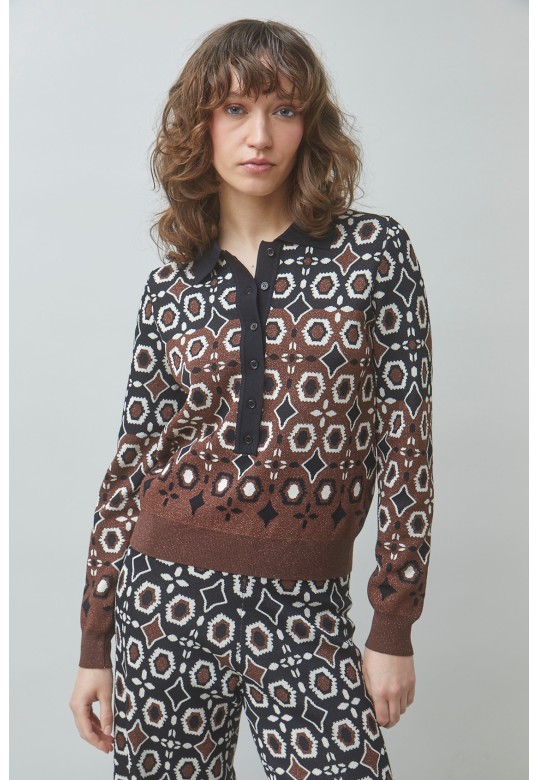 PALMAROS Fancy jacquard polo jumper Black