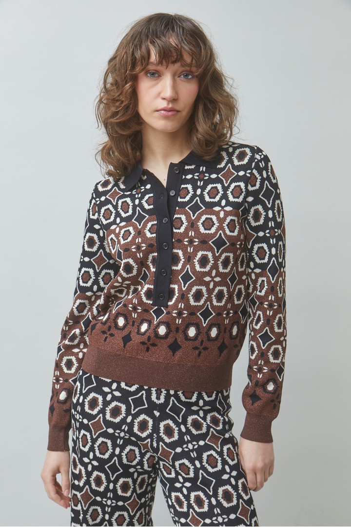 PALMAROS Fancy jacquard polo jumper Black