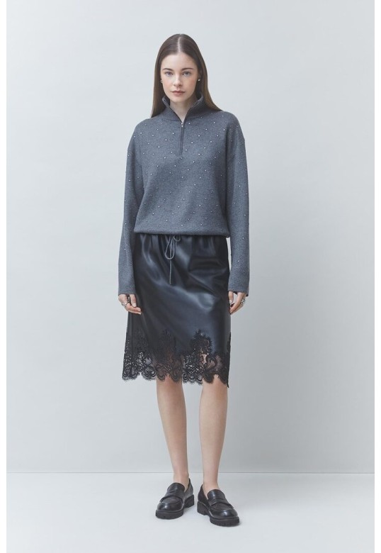 PRISTO Short hoodie with rhinestone details Carbon