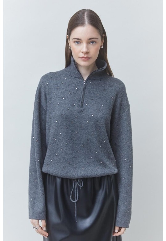 PRISTO Short hoodie with rhinestone details Carbon