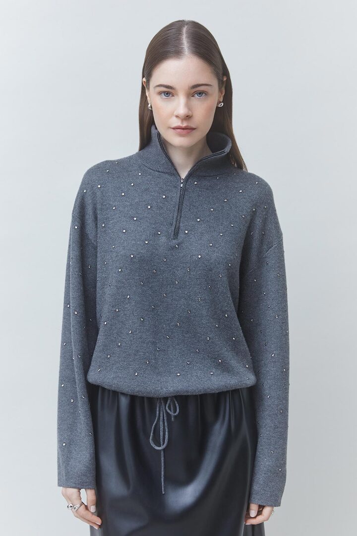 PRISTO Short hoodie with rhinestone details Carbon