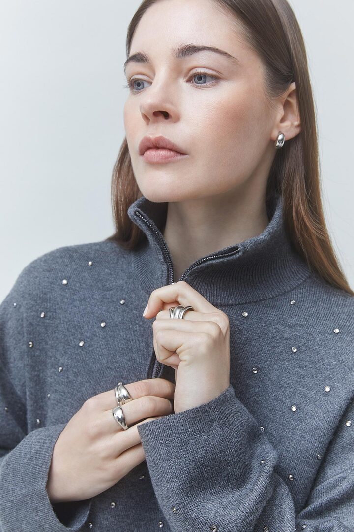 PRISTO Short hoodie with rhinestone details Carbon