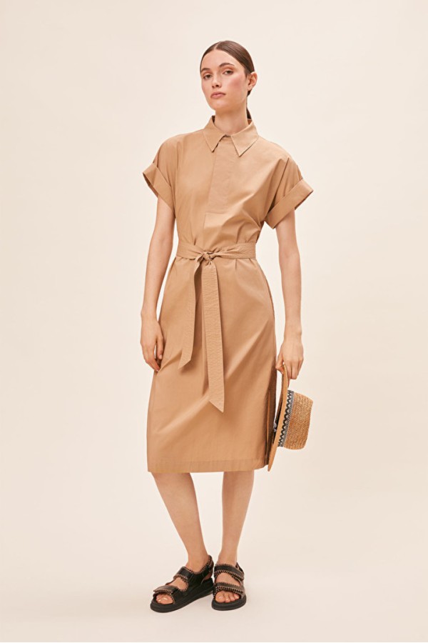 CLODIE Cotton belted midi dress camel