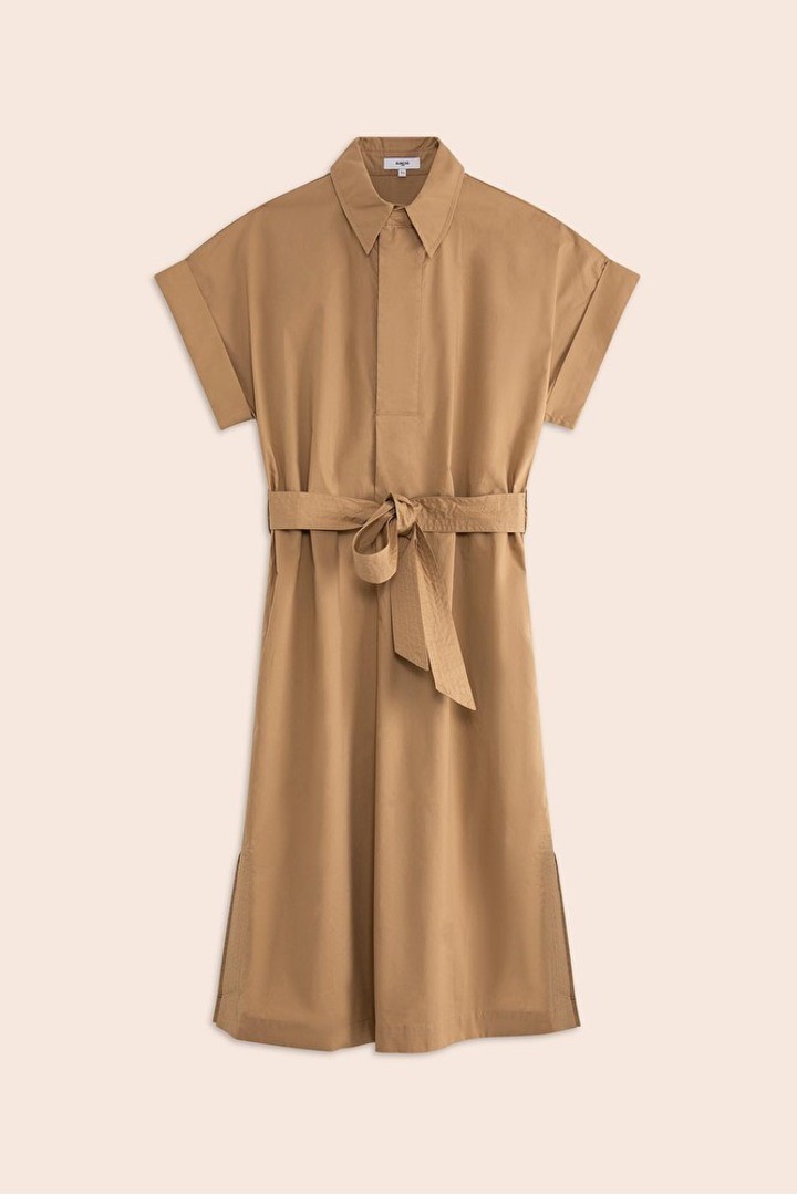 CLODIE Cotton belted midi dress camel