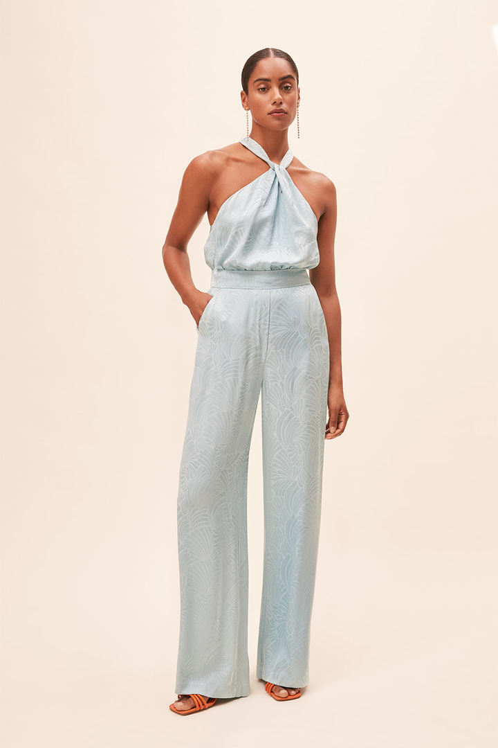 JUNGLE Sky-blue jacquard satin fluid wide-leg pants