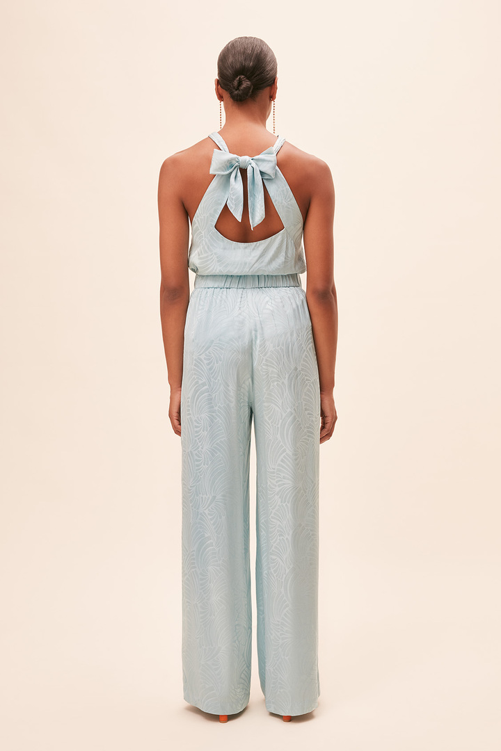 JUNGLE Sky-blue jacquard satin fluid wide-leg pants