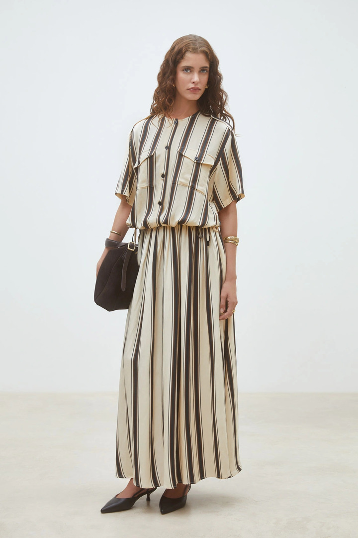 Fidji Long striped skirt Cream