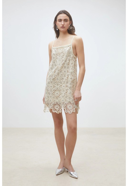 Chelby Crochet and sequin dress Beige