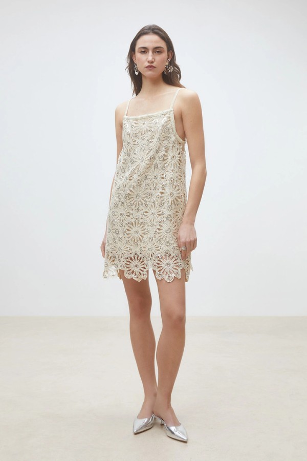 Chelby Crochet and sequin dress Beige