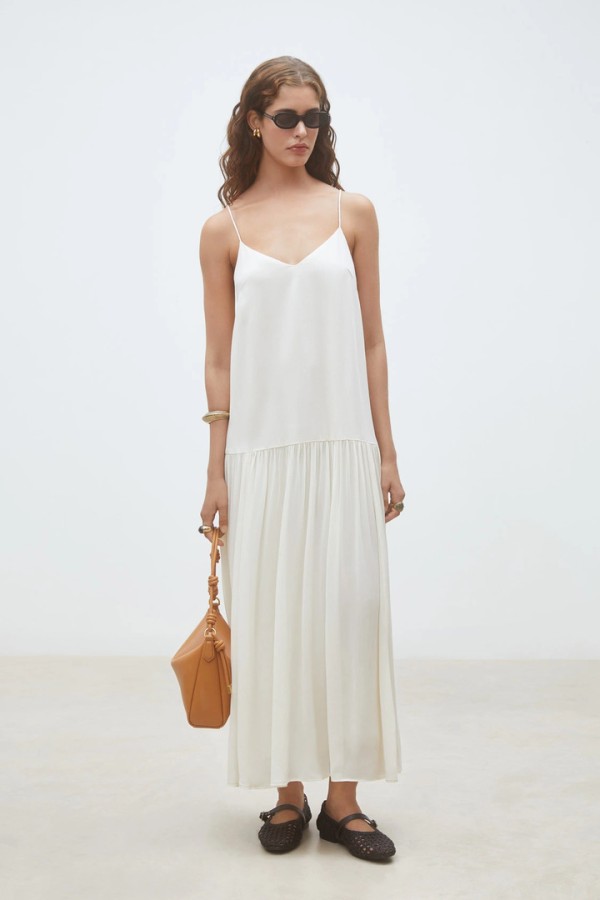 Carlota Long flowing plain dress with straps Cream