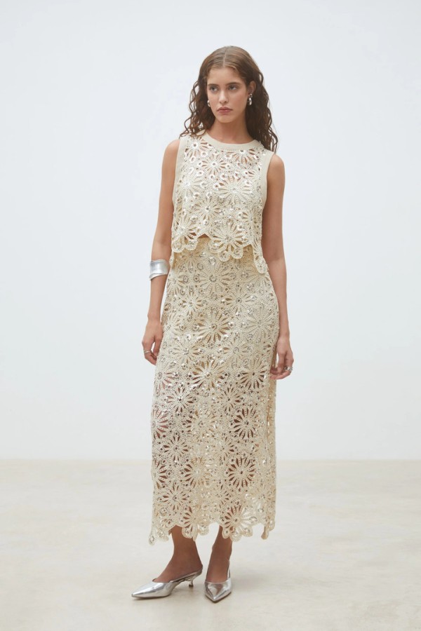 Fanny Long crochet skirt with sequins Beige