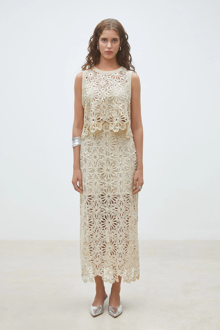 Lois Crochet and sequin crop top Beige