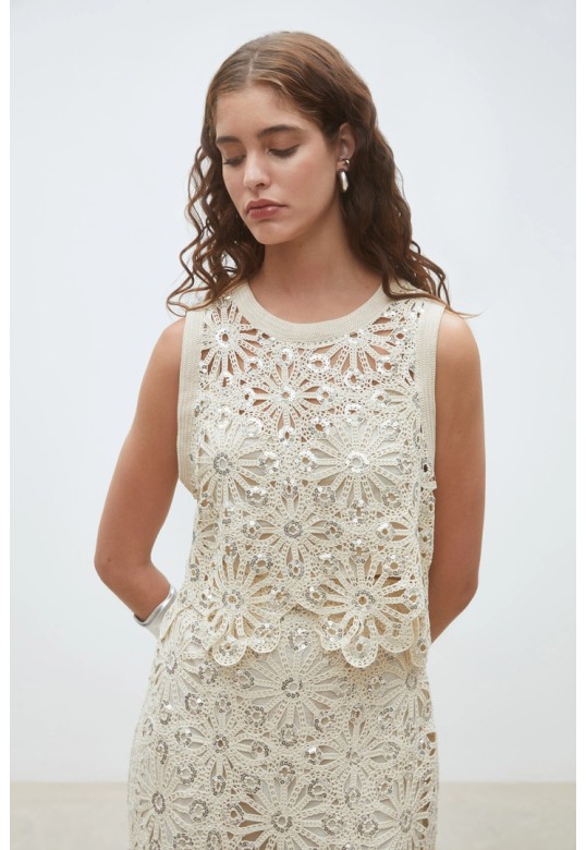 Lois Crochet and sequin crop top Beige
