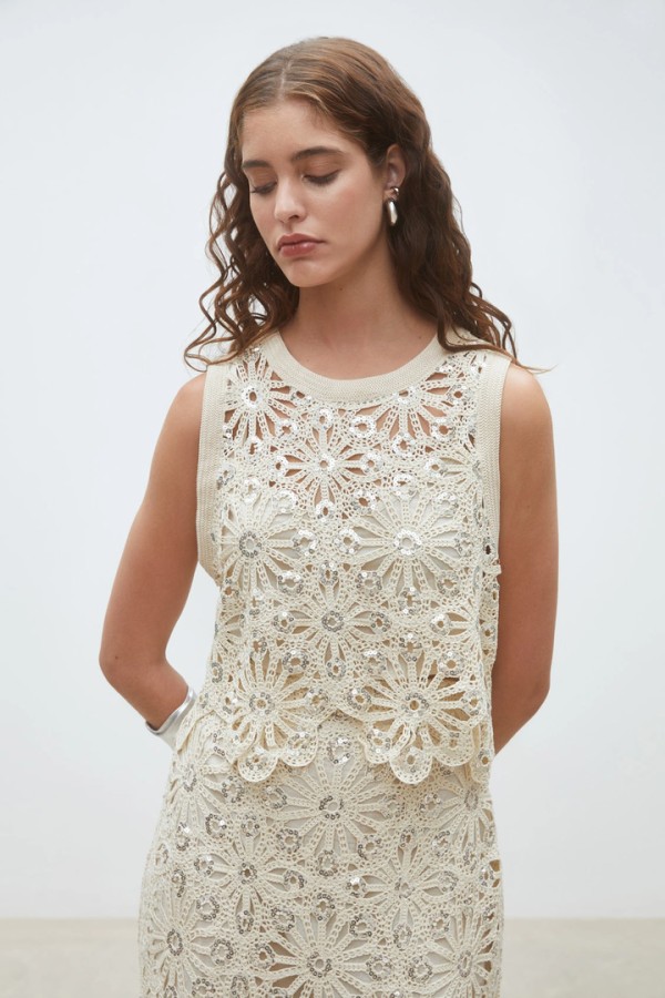 Lois Crochet and sequin crop top Beige