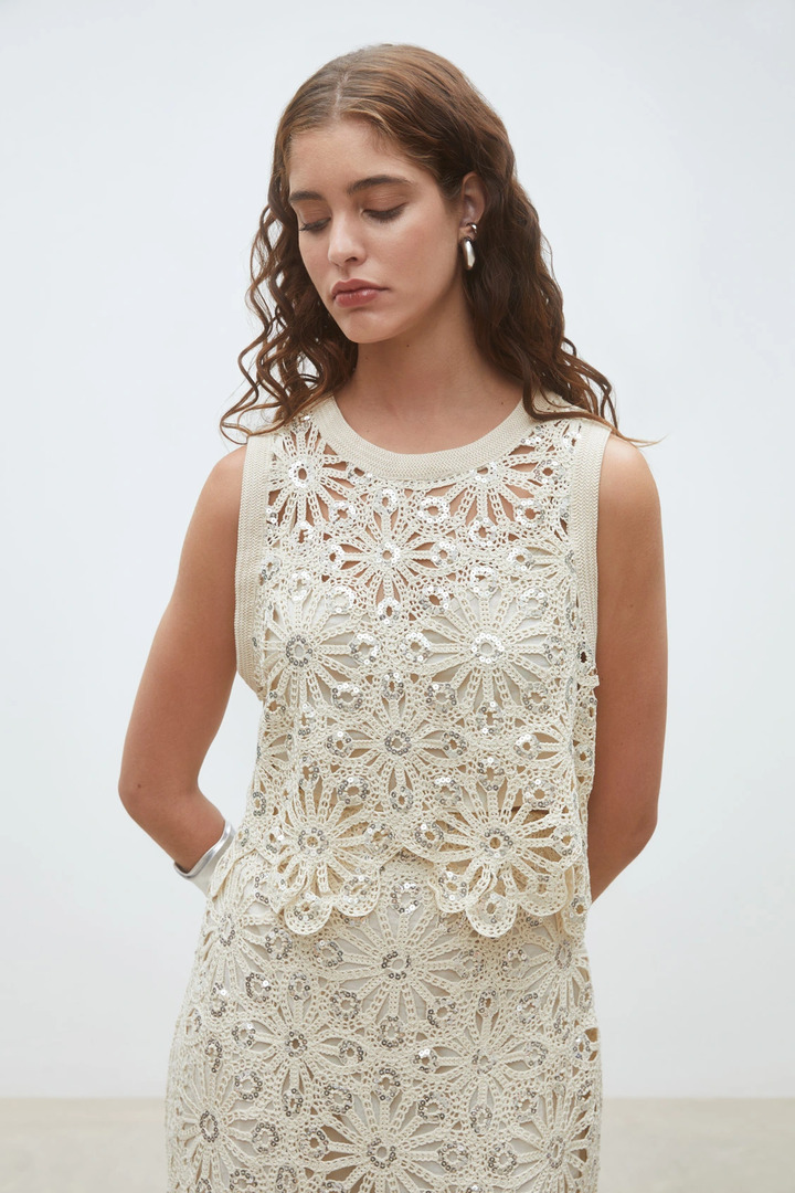 Lois Crochet and sequin crop top Beige