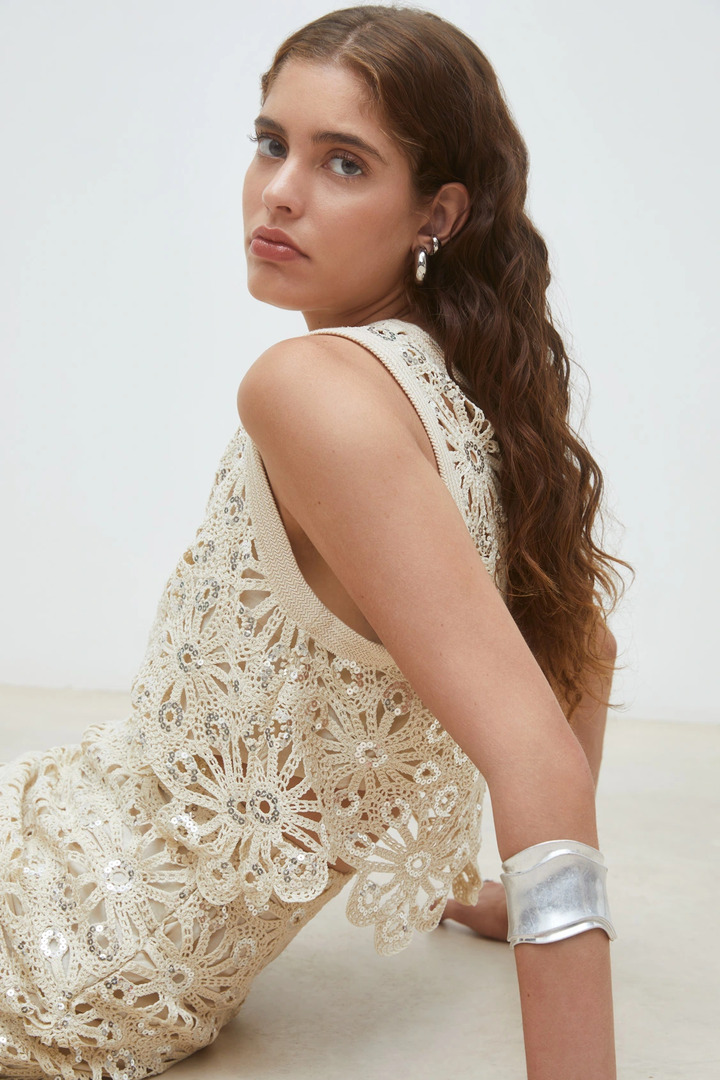 Lois Crochet and sequin crop top Beige