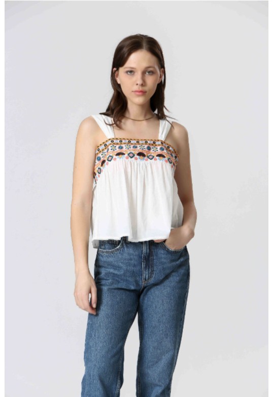 Embroidered strap top White