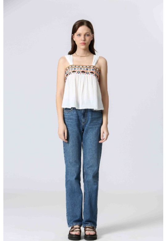 Embroidered strap top White