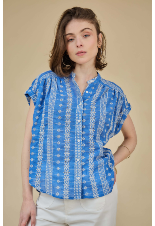 Embroidered cotton blouse Blue