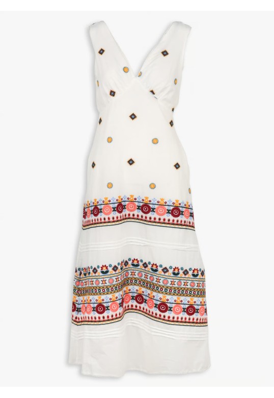 Long embroidered V-neck dress - White