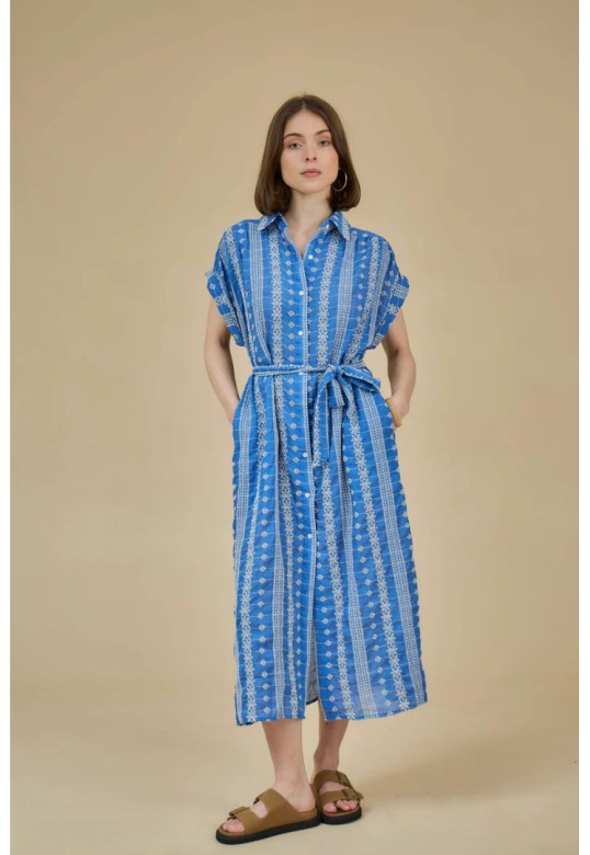 Long embroidered cotton dress Blue