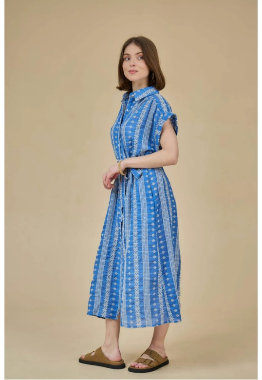 Long embroidered cotton dress Blue