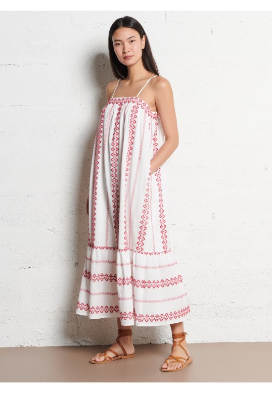Loose-fitting dress with embroidery and straps -Pink