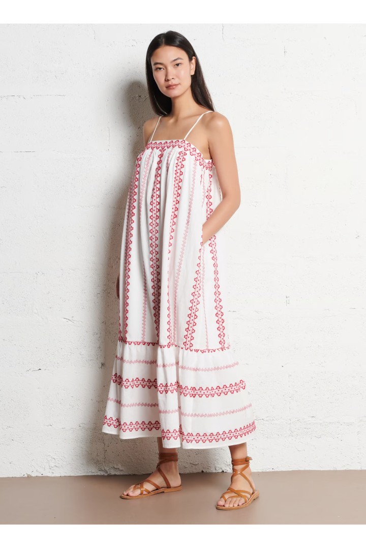 Loose-fitting dress with embroidery and straps -Pink