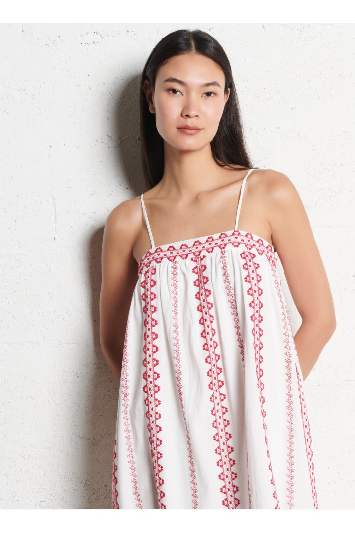 Loose-fitting dress with embroidery and straps -Pink