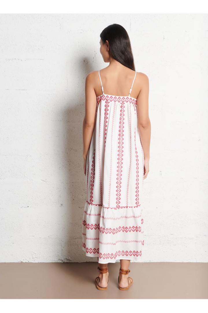 Loose-fitting dress with embroidery and straps -Pink