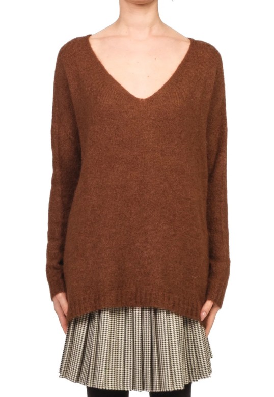 Oversized mohair blend V-neck sweater chocolate