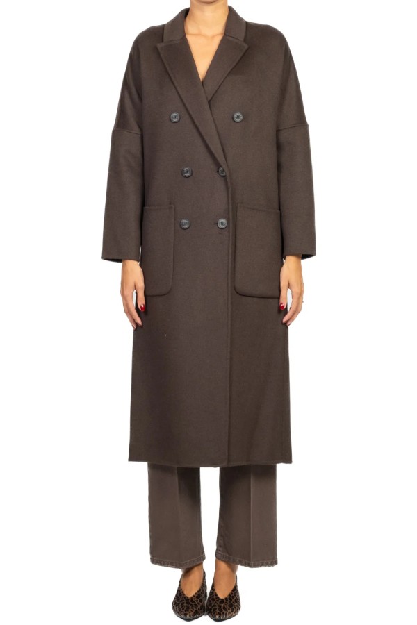  Basic Long Double-Breasted Coat Brown