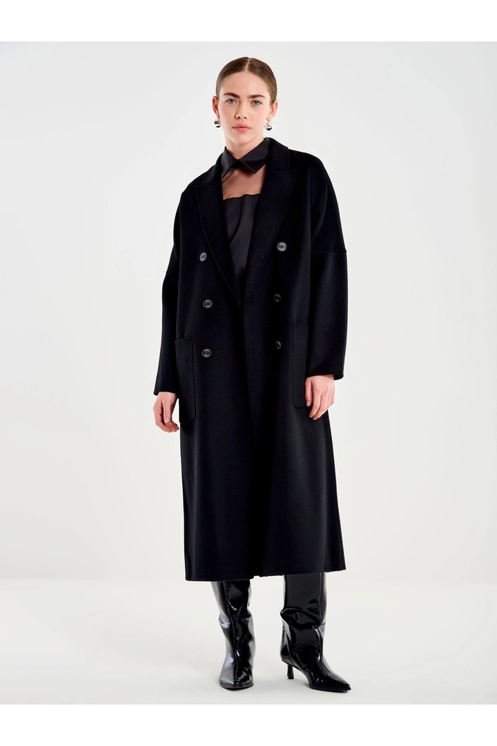  Basic Long Double-Breasted Coat Black