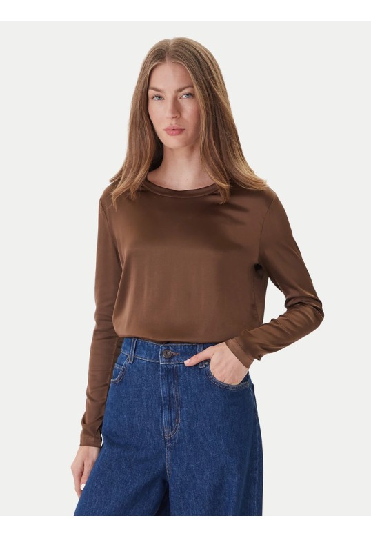 Long-sleeved stretch satin blouse - brown
