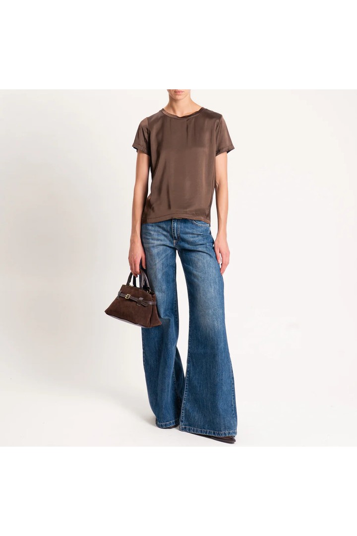 Stretch satin blouse with half sleeves - brown