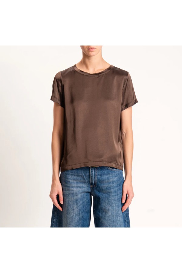 Stretch satin blouse with half sleeves - brown