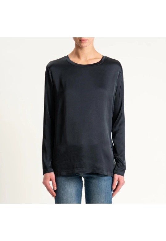 Long-sleeved stretch satin blouse - black
