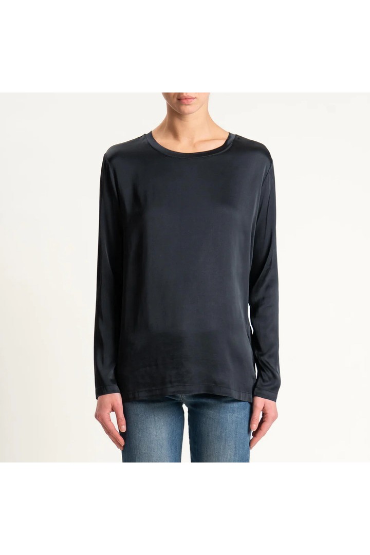 Long-sleeved stretch satin blouse - black