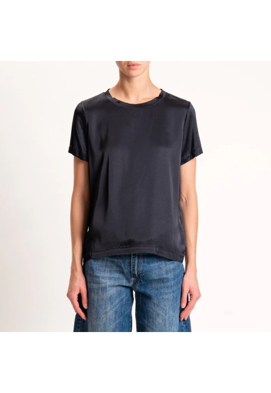 Stretch satin blouse with half sleeves - black
