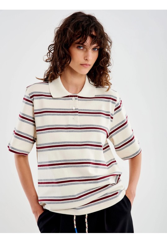 White Striped Collar Polo beige/grey/burgundy