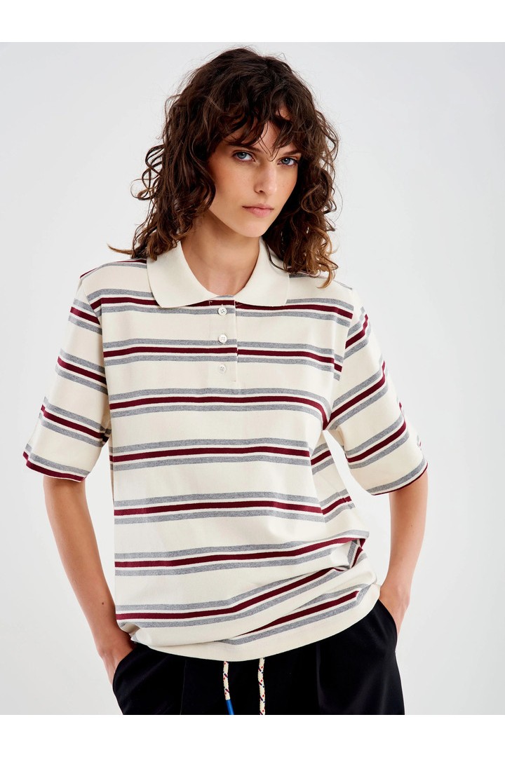 White Striped Collar Polo beige/grey/burgundy