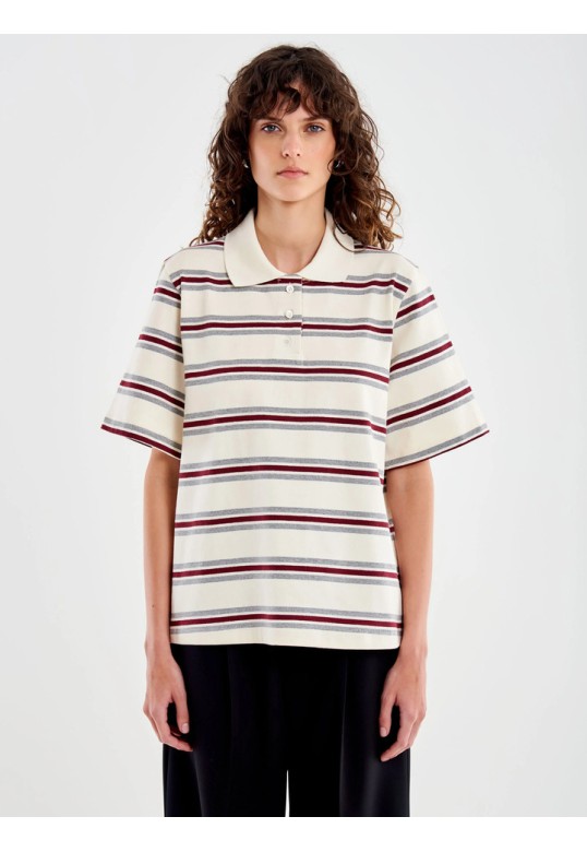 White Striped Collar Polo beige/grey/burgundy