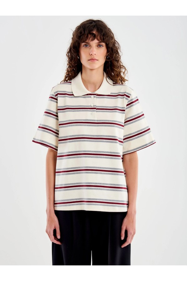White Striped Collar Polo beige/grey/burgundy