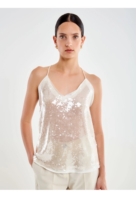 Round Sequin Tank Top Ecru