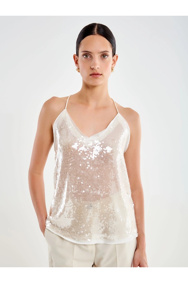 Round Sequin Tank Top Ecru
