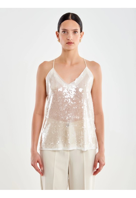 Round Sequin Tank Top Ecru