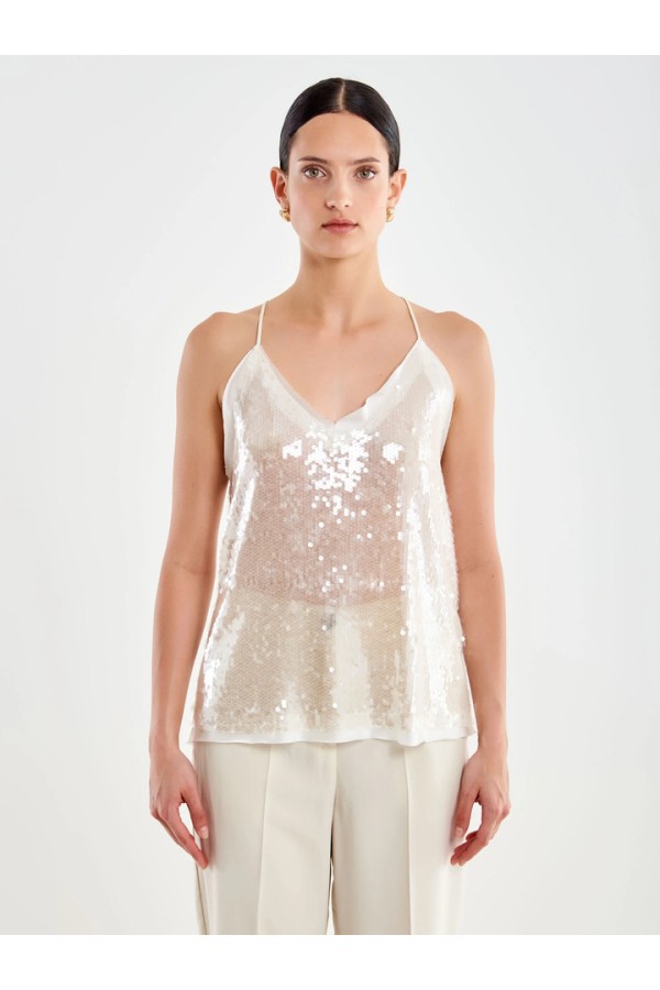 Round Sequin Tank Top Ecru