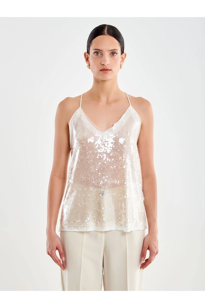 Round Sequin Tank Top Ecru